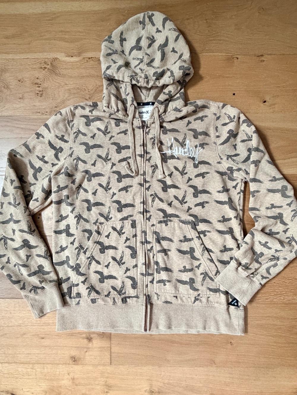 Hurley Art Department Hoodie All Over Bird Print Full Zip Tan Heather Men's XL